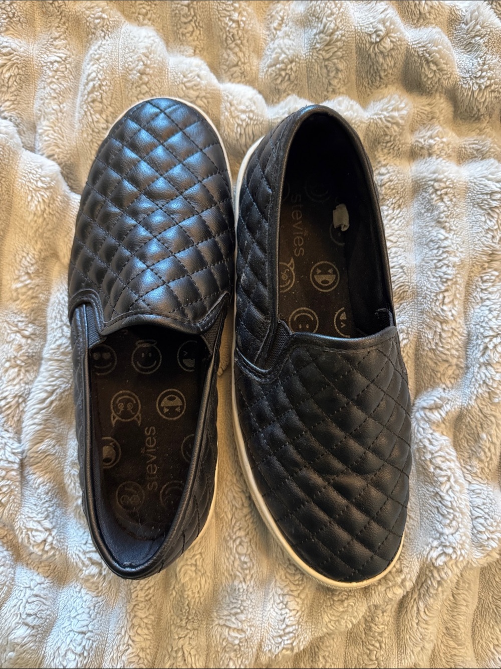 Stevies Black Quilted Slip-On Loafers with White Outsole Trim